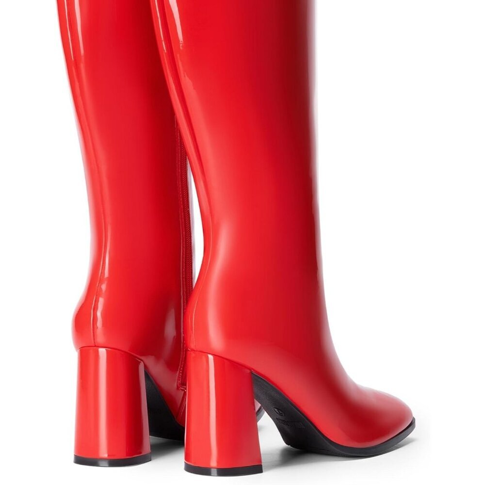 Women's Red DREAM PAIRS Knee-High Boots Square Toe Gogo Chunky Heel Side Zip - Picture 7 of 9